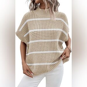 Viottiset Oversized Sweater Vest Womens Medium Apricot Stripe Mock Neck New‎